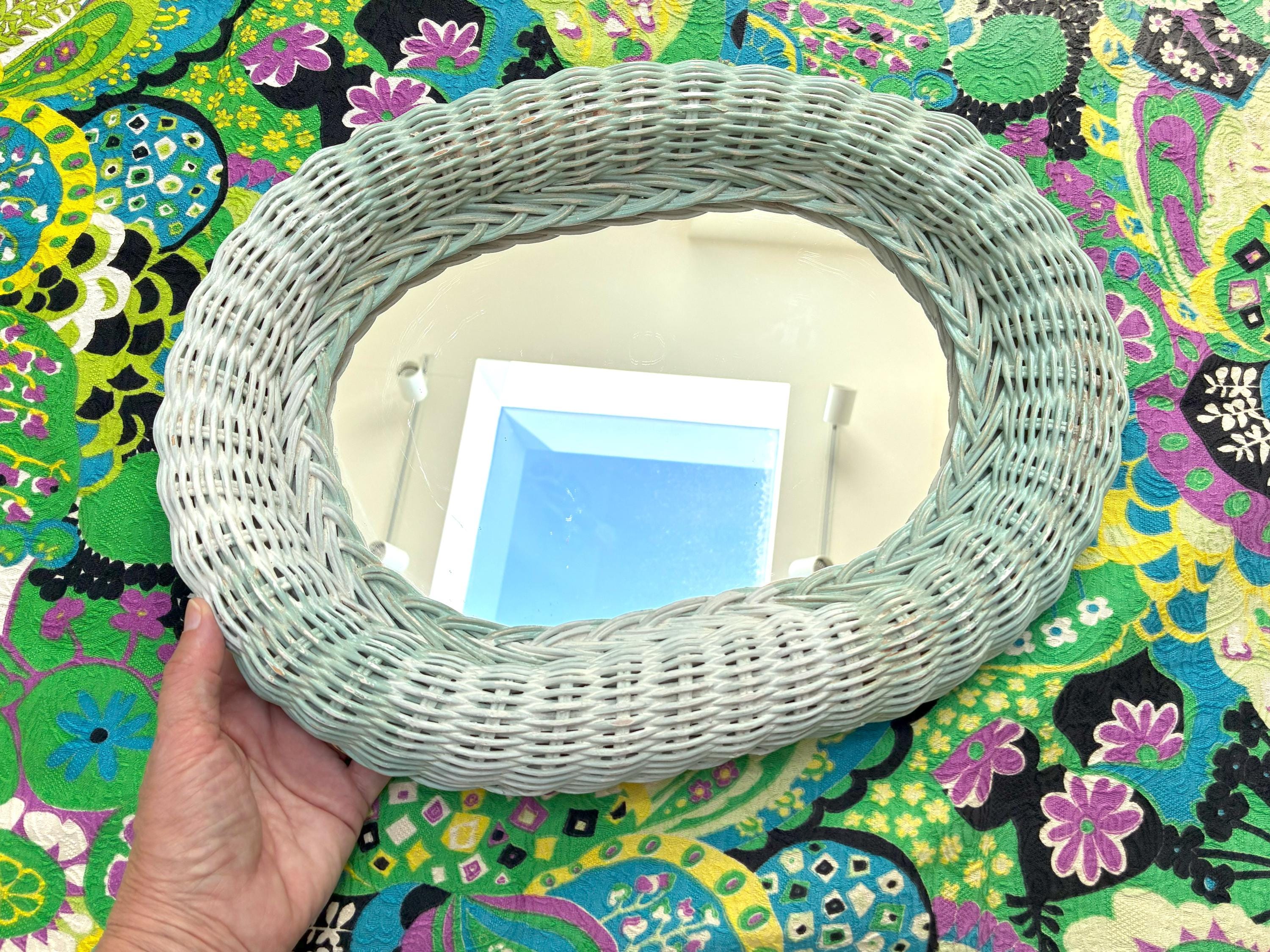 Vintage Wall MIRROR Oval WICKER, Bathroom Wicker Mirror, Hallway Mirror 16" by 12", Cottage Mirror Vanity Stand, Beachy Boho MIRROR Green