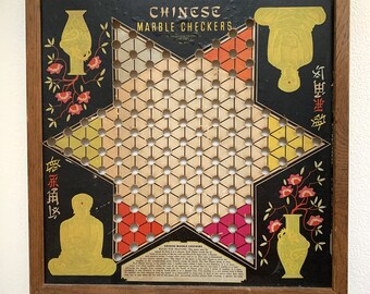 Vintage Chinese Checkers Board Black RARE, Framed 1939! Whitman Publish Co, Chinese Marble Checkers, Graphic Highly Decorative, Wood Frame