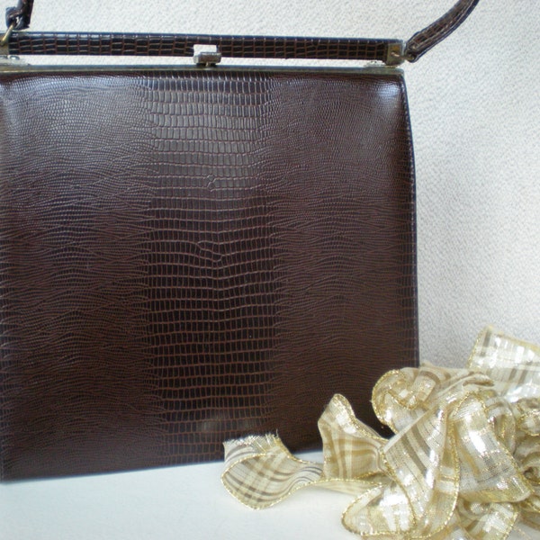 Brown Purse, Brown Faux Alligator, Retro Clasp, Handbag, Pocketbook, Clutch, Mid Century Modern, Winter Bag