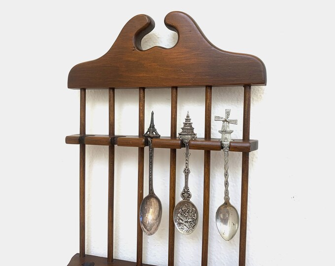 Vintage Spoon Rack Holder 10 Souvenir Spoons Wooden Display Etsy