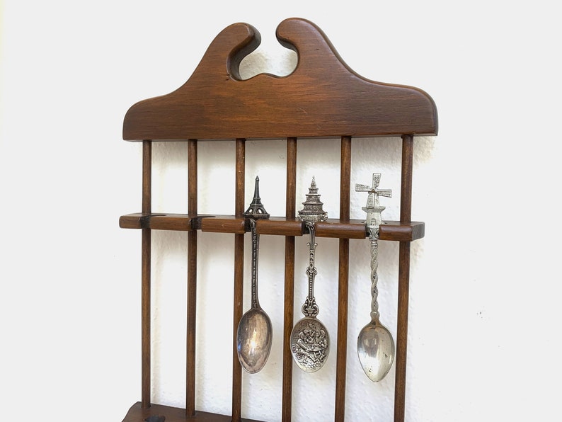 Vintage Spoon Rack Holder 10 Souvenir Spoons Wooden Display Etsy