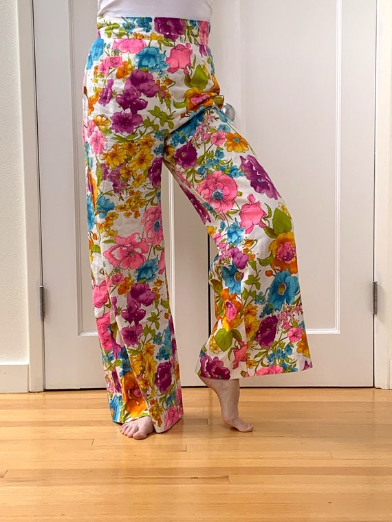 1970s Palazzo Pants In Psychedelic Bright Floral,… - image 2