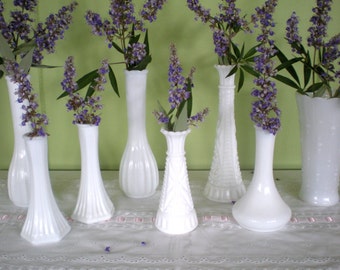 Lot of Milk Glass Vases, Set of 8, Bud Vase, Christmas Mantle Decor, Rustic Wedding Reception Table Decor, Shabby Chic