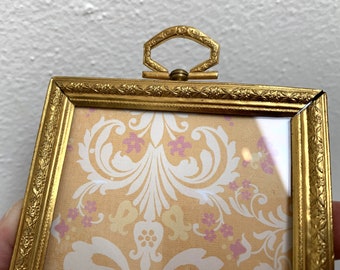 Vintage 4 by 3" FRAME GOLD Tone, Fancy Ornate Picture Frame, Small Open Frame with Top Hook!! 4 by 3 Picture, Vintage Fancy Gold Frame as-is