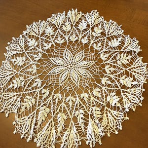 Può includere: Un centrino circolare color crema con un intricato disegno traforato. Il pizzo presenta un motivo floreale centrale circondato da motivi ripetuti di foglie e fiori. Il centrino ha un diametro di circa 30 cm.