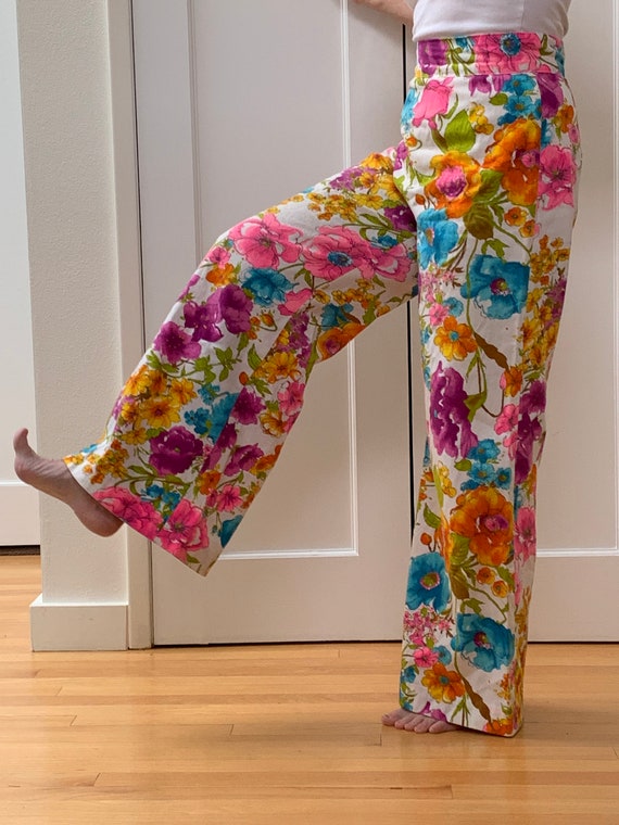 1970s Palazzo Pants In Psychedelic Bright Floral,… - image 8