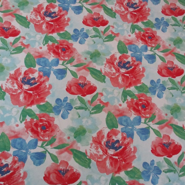 1.5 Yards Bright Fabric Floral Flowers Yardage 1 5/6 Yards Cotton Thick Soft Green Red Blues Turquoise, ichloom Original Screen Print Design