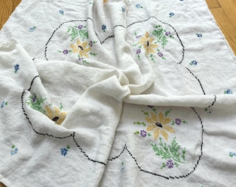 Vintage Floral Tablecloth Embroidered 33" x 35" Cotton White Background Pastel Flowers Daisy, stains Cutter Fabric Project as-is