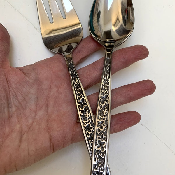 Serving Spoon and Meat Knife, 2 SERVING UTENSILS, Serving Spoon, Meat Knife Rose Floral Pattern, Mid Century Modern Silverware, GREAT shape!