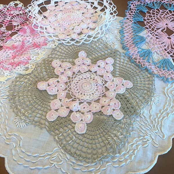 Vintage 7 Crochet Doilies, White on White Antique Centerpiece Embroidered, Unique Pink Green Yellow Blue Doily, Centerpiece, Cake Table