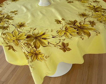 Tablecloth 47" x 51" Mid Century BRIGHT Yellow Floral Sateen, Table Centerpiece Clothe, 1960's as-is
