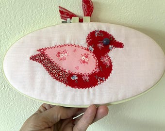 vintage DUCK Wall Art Hand Stitched PINK/RED, Nursery 9.5" by 6"