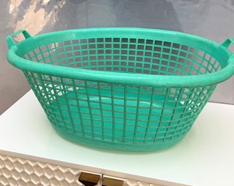 Vintage AQUA Clothes Basket, Large Plastic Laundr Basket, 1960s Mid Century POLLY FLEX Basket, Sturdy Worn Strong Basket in Teal Green as-is