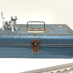 Può includere: Una cassetta degli attrezzi vintage in metallo blu con manico e chiusura, che mostra segni di usura e ruggine. Una piccola statuina di cane in ceramica bianca e grigia è posta sopra. La cassetta è rettangolare.