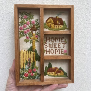 Finished Crewel Framed Embroidery, 7.5" x 5.5" Vintage HOME Sweet Home Floral Unique, Wooden Window Box Frame, Crewel Wall Art, Gallery Wall