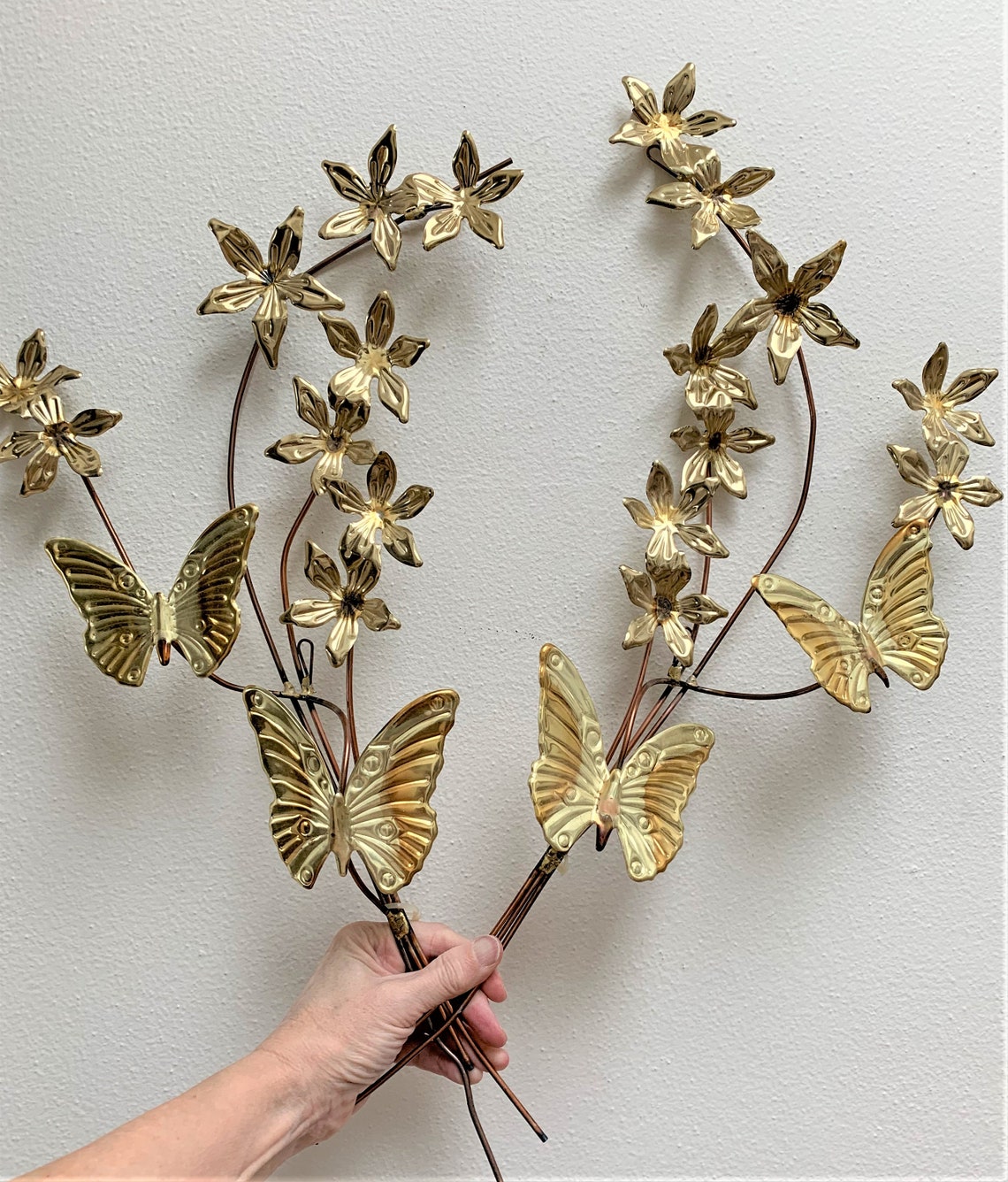 Vintage 2 Metal Wall Butterfly Flowers Set of 2 Brassy Copper Etsy