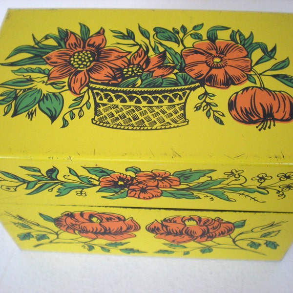 Boho Bright Yellow Gold Metal Tin Recipe Box, 1970's Kitchen Decor, Flowers and a Basket, Syndicate Mfg Co