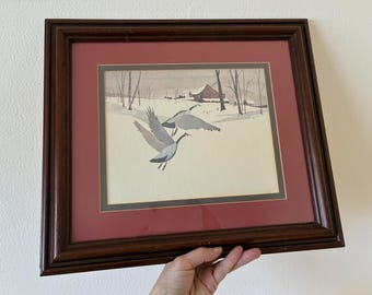 Arte de gansos enmarcado de Henderson, láminas de acuarela para colgar en la pared, galería de arte, patos volando en un campo nevado en un granero rojo