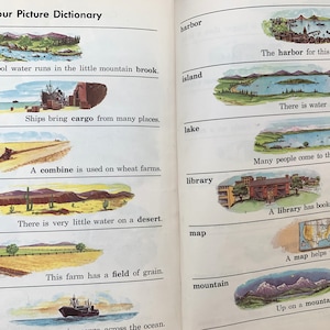 May include: An open book with illustrations and text. The title "Your Picture Dictionary" is at the top. Illustrations include a brook, ships, a combine, a desert, a farm, a harbor, an island, a lake, a library, a map, and a mountain.