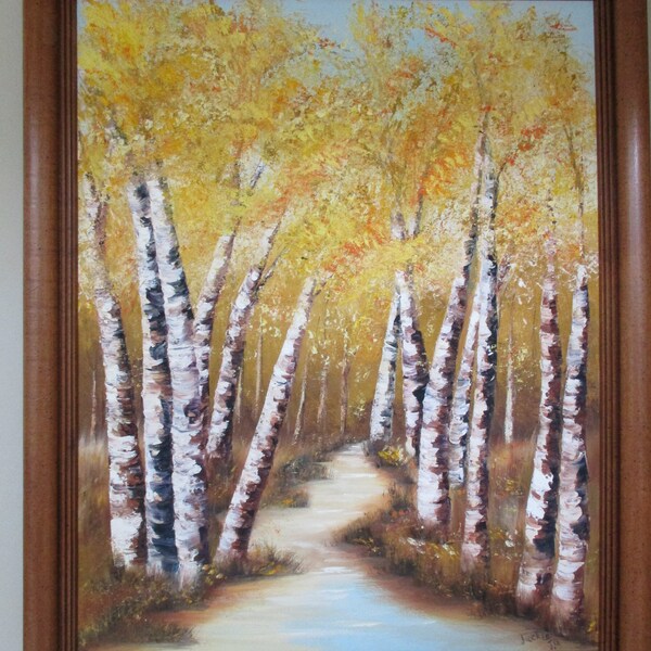 Bouleau ASPEN Tree Painting Art, Peinture à l’huile originale encadrée, Peinture de ruisseau forestier, Grande peinture signée, Grandes feuilles jaunes Bright Happy