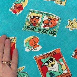Vintage Fabric DOGS Silly, Fun Cartoon Dog SPARKY 1.75 yards by 27" Wanted Sparky Beach Dog", Dark Turquoise w/ bright Cartoons, PLEASE read