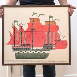 Navire de guerre du XVIe siècle encadré, impression sur carton Henry Grace a Dieu, art vintage des années 1970 de mai 1520 ! Scène d'eau nautique pour navires, entrée murale