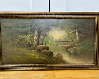 Quadro antico incorniciato raffigurante acqua, alberi, ponte e paesaggio, 26" x 14" (66 x 35,5 cm), usato, come da foto.
