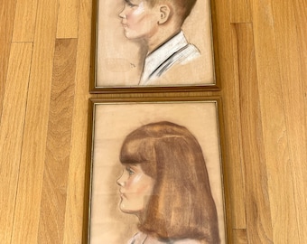 SET Boy & Girl Portraits, 13 x 17" Brown Dark Hair Portrait, Charcoal Portrait Drawing, Original Young Children ART Drawing, Hallway Wall