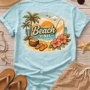 May include: Light blue t-shirt with a beach-themed graphic. The design includes palm trees, a surfboard, hibiscus flowers, and the words "Beach Vibes." The shirt is paired with brown shorts, sandals, and a straw hat.