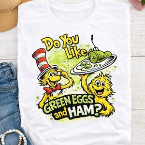 Huevos verdes con jamón SVG, estilo Dr. Seuss, camiseta gráfica PNG para camiseta o calcomanía, Semana Nacional de la Alfabetización, Lectura