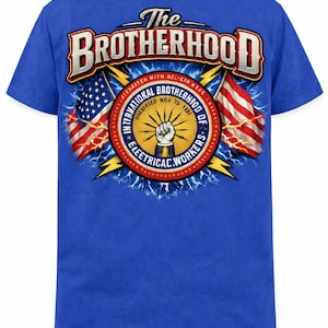 May include: Blue t-shirt featuring a graphic with the text "The Brotherhood" in a bold, stylized font. The design includes American flags, lightning bolts, and a circular emblem with text and a raised fist. The shirt is a crew neck.