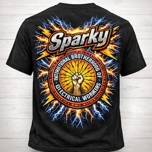 May include: Black t-shirt featuring the word "Sparky" in a stylized font above a circular emblem. The emblem includes a fist, lightning bolts, and the text "International Brotherhood of Electrical Workers."