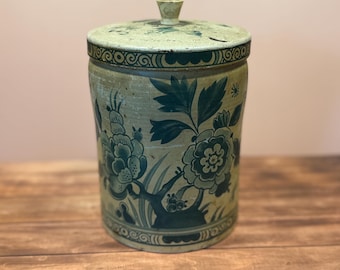Vintage Elizabeth Shaw Delft Tin Canister | Green Floral Kitchen Storage Made in England