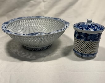 Vintage Japanse hasami-set met kom en deksel | Blauwwit bloemen opengewerkt porselein