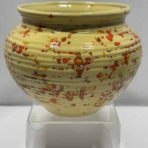 Signed Handmade Yellow Ceramic Planter Pot, Ribbed Speckled Studio Pottery Vase by Lin, Retro 70s Style Splatter Glaze Cachepot, Unique Boho