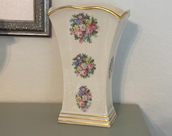 Vintage Porcelain Floral Vase | Gold Trim Ivory Vase | Cottage Cottagecore Decor | Shabby Chic Home Decor | 8 Inch Vase