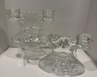 Vintage L.E. Smith Clear Pressed Glass Double Taper Candle Holders, Pair of 1930s Art Deco Candelabras, Diamond Star Renaissance Revival