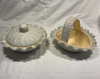 Vintage Ceramic Basket Covered Dish Set | Textured Aqua Blue Cream Pottery