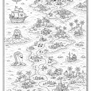 Può includere: Mappa illustrata in bianco e nero di un'isola del tesoro, con una rosa dei venti, velieri, isole con palme e un teschio con ossa incrociate. La mappa include un sentiero tortuoso e vari punti di riferimento.