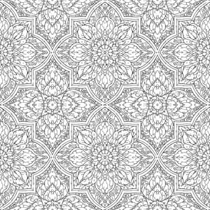 May include: Black and white floral pattern. The design features a repeating motif of stylized flowers and leaves within a geometric framework. The intricate details create a visually rich and textured appearance, suitable for various applications.