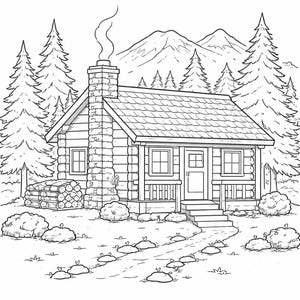 May include: Black and white illustration of a cabin in a forest. The cabin features a stone chimney with smoke, a wooden exterior, and a small porch. Trees and mountains are in the background, with a path leading to the cabin.