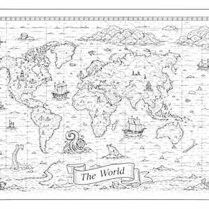 Puede incluir: Mapa del mundo ilustrado en blanco y negro con elementos náuticos. Presenta una rosa de los vientos, barcos, nubes y una pancarta con la inscripción "The World". Incluye dibujos detallados de monumentos y criaturas marinas.