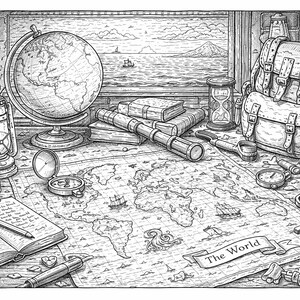 May include: Detailed black and white illustration of a nautical theme. A globe, map, compass, telescope, books, and a backpack are arranged on a table. A window shows a seascape with a sailboat. A skull and candle are also present.
