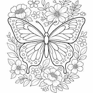 May include: Black and white line art illustration of a butterfly surrounded by flowers and leaves. The butterfly has detailed wing patterns and is the central focus, with floral elements framing it.