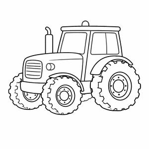 Peut inclure: Dessin au trait en noir et blanc d'un tracteur. Le tracteur est équipé de grandes roues texturées, d'une cabine avec fenêtres et d'une cheminée. Illustration adaptée aux supports éducatifs ou aux activités de coloriage.