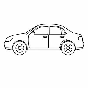 以下が含まれることがあります： セダン車の白黒線画。 車は横向きに描かれ、車輪、窓、ドアハンドルなどの詳細が示されています。 車には2つのドアがあり、丸みを帯びたルーフラインがあります。