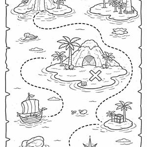 May include: Black and white illustration of a treasure map on parchment paper. The map features islands with palm trees, a volcano, a lighthouse, a ship, and a compass. A dotted line indicates a path to an "X" marking the treasure location.