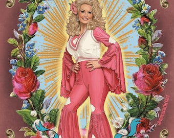 May include: A digital illustration of Dolly Parton wearing a white top and pink bell-bottom pants, framed by a floral wreath of red roses and blue flowers. The background features a light blue sky with golden sunburst rays and a decorative gold border.
