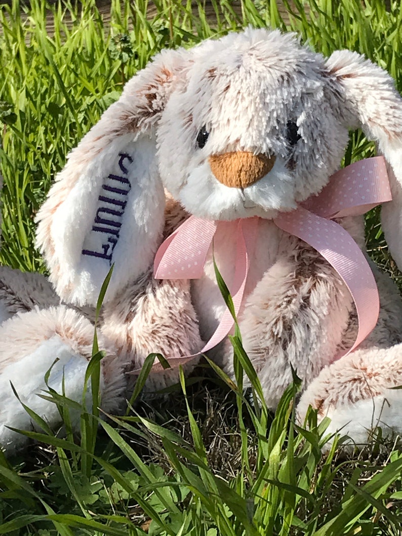 Op de afbeelding: Een pluche konijn met lange, slappe oren en een roze strik met stippen. Het konijn is voornamelijk wit en bruin, met de naam "Emilia" geborduurd op &eacute;&eacute;n oor. Het konijn zit in groen gras.