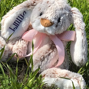 Op de afbeelding: Een pluche konijn met een roze strik en de naam "Linnea" geborduurd op &eacute;&eacute;n oor. Het konijn heeft een zachte, donzige textuur met bruine en witte vacht. Het zit in groen gras.